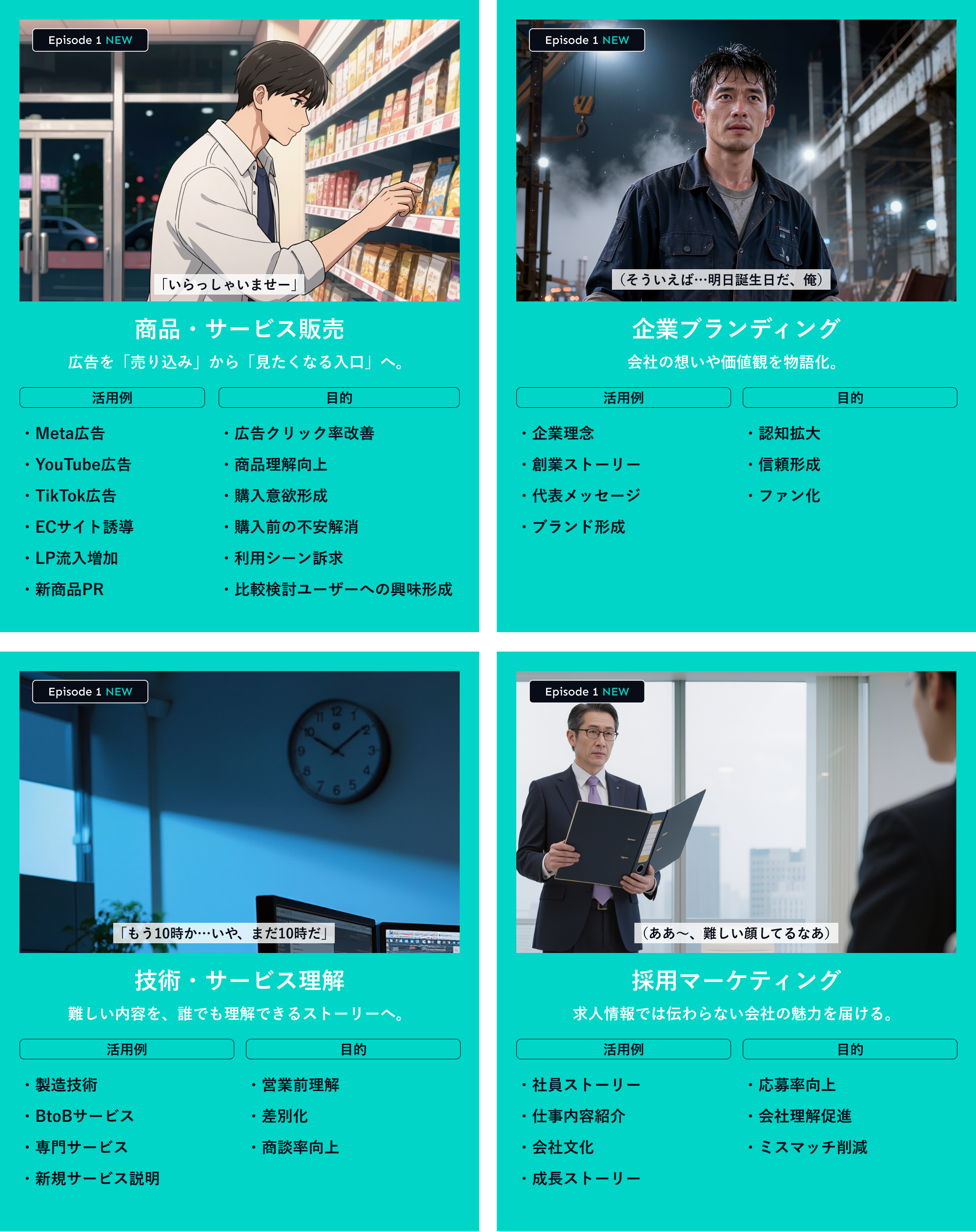 活用シーン4カード：商品・サービス販売／企業ブランディング／技術・サービス理解／採用マーケティング
